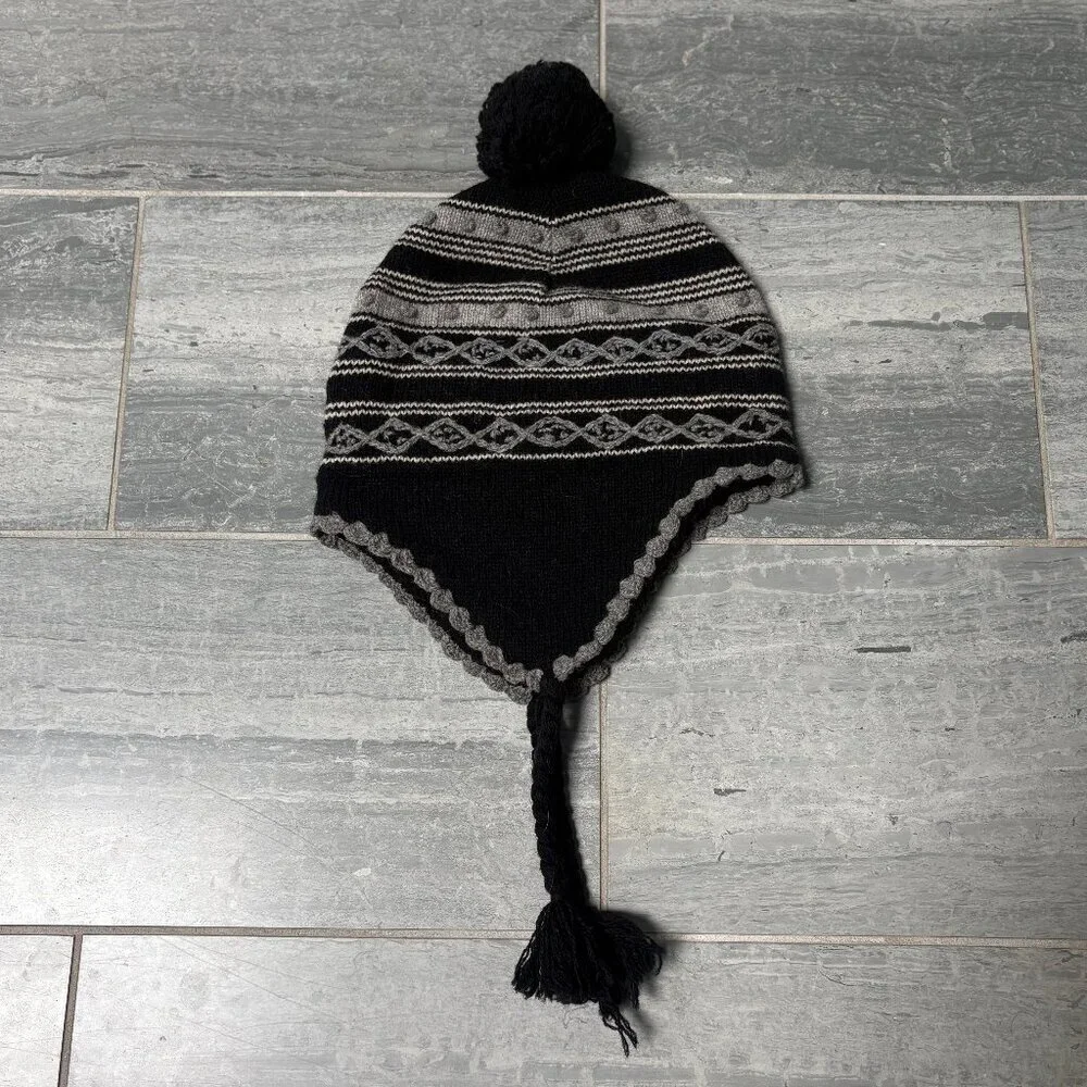J.Crew Wool Knit Tassel Pom Pom Hat with Ear Flaps Black/Gray One Size